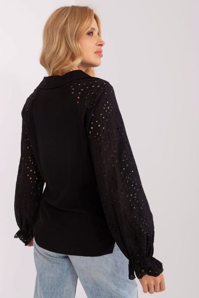 Love Lace Love Lace Women's Elegant Openwork Long Sleeve Blouse in Black - 2