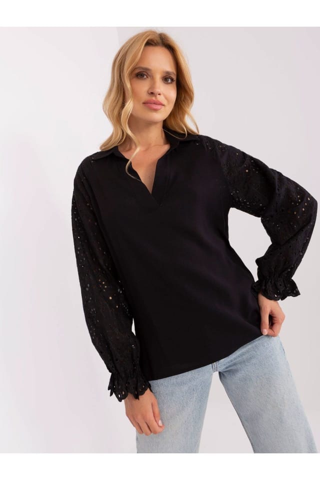 Love Lace Love Lace Women's Elegant Openwork Long Sleeve Blouse in Black - 3