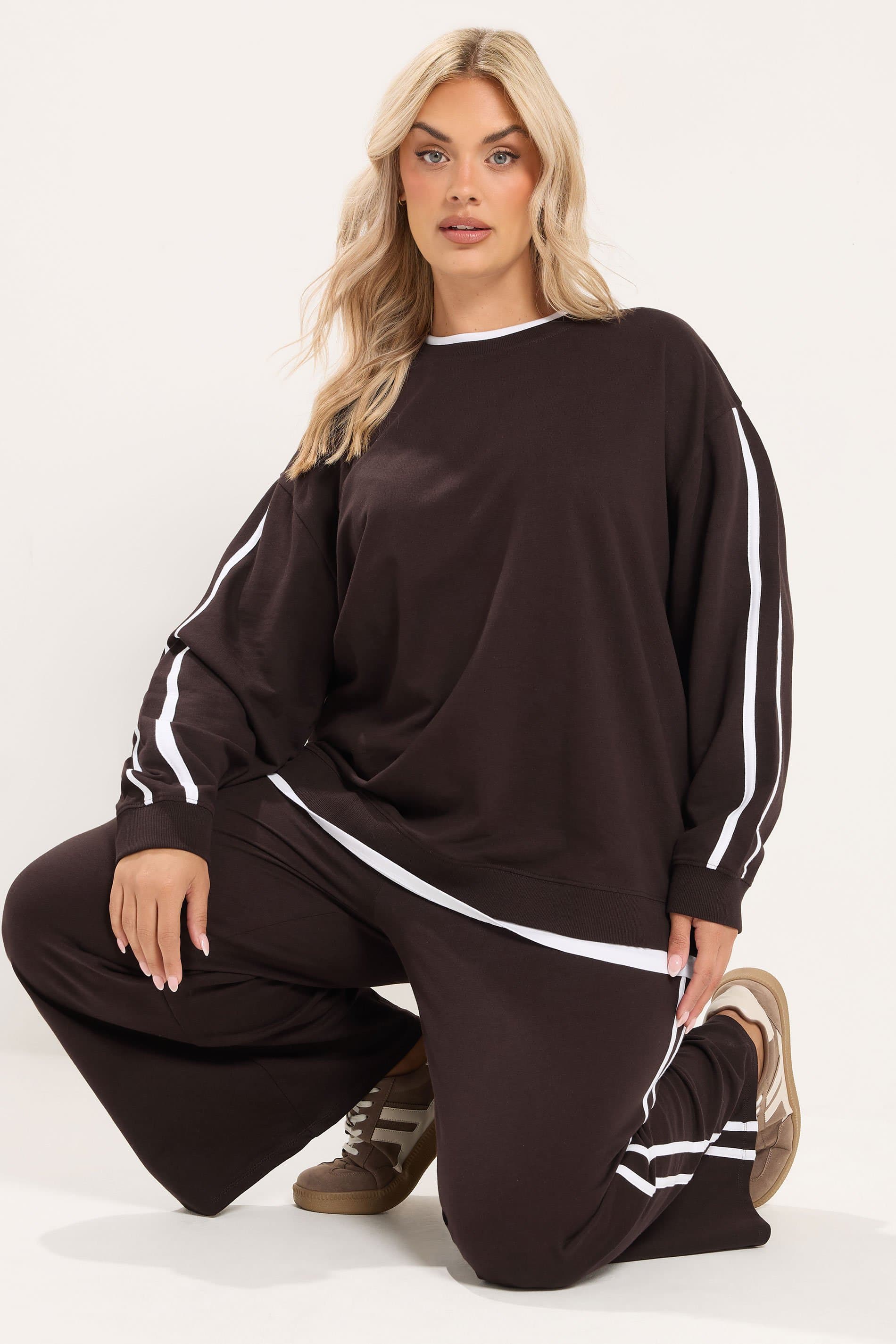 Yours Curve Chocolate Brown 2In1 Side Stripe Sweatshirt