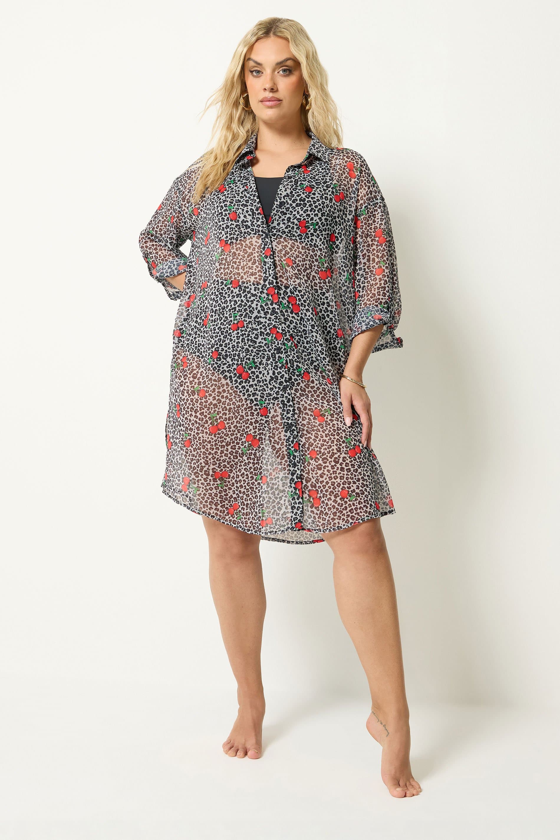 Yours Plus Size Black Leopard Cherry Cover Up