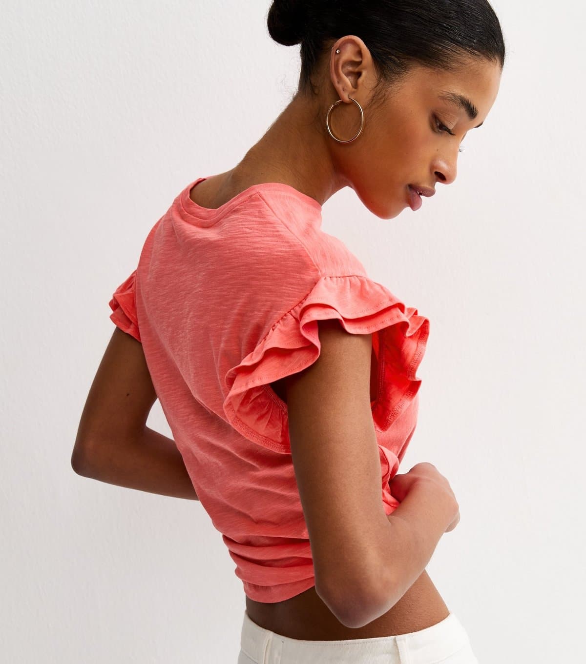 New Look Women's Dark Coral Cotton Slub Frill Sleeve T-Shirt New Look