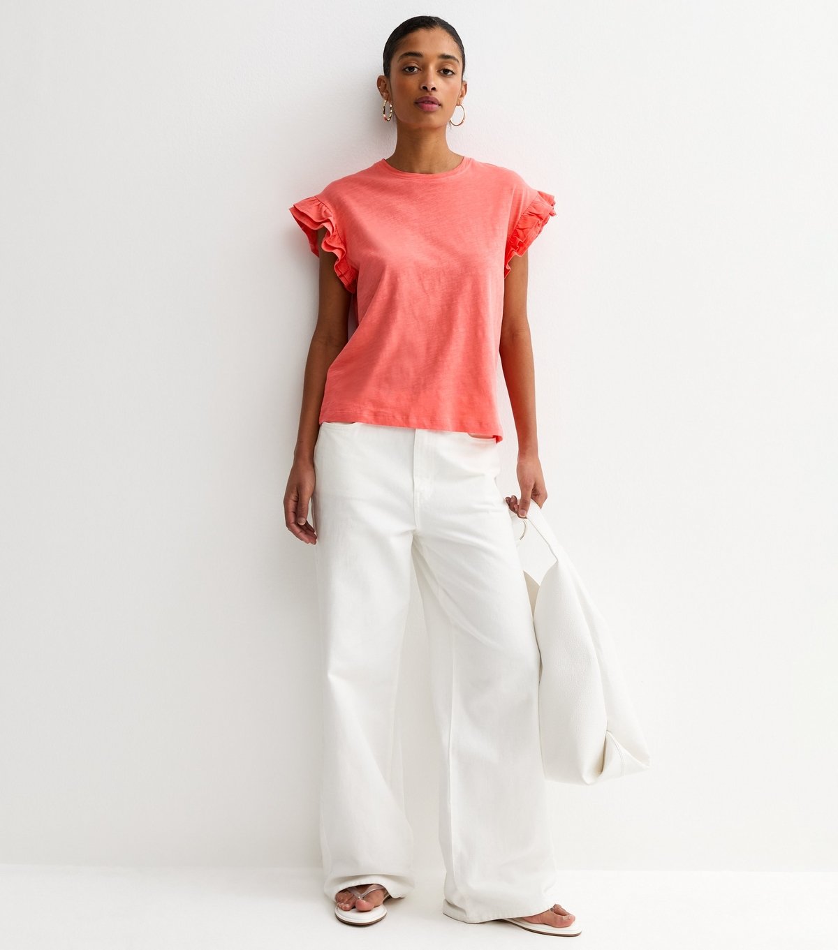 New Look Women's Dark Coral Cotton Slub Frill Sleeve T-Shirt New Look - 2