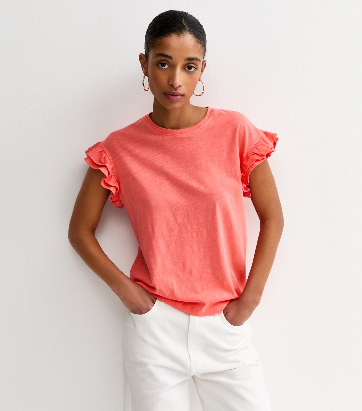 New Look Women's Dark Coral Cotton Slub Frill Sleeve T-Shirt New Look - 3