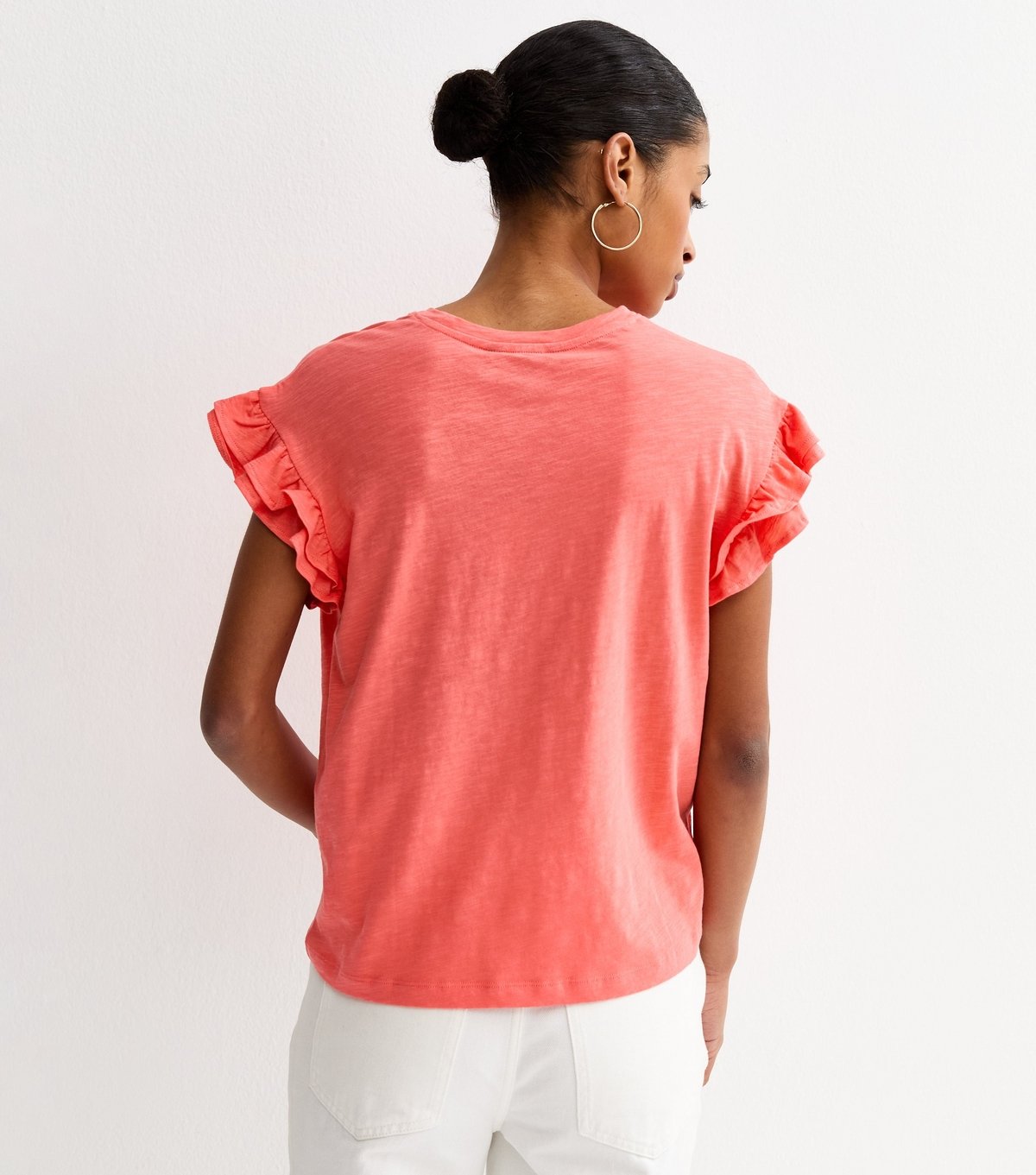 New Look Women's Dark Coral Cotton Slub Frill Sleeve T-Shirt New Look - 4