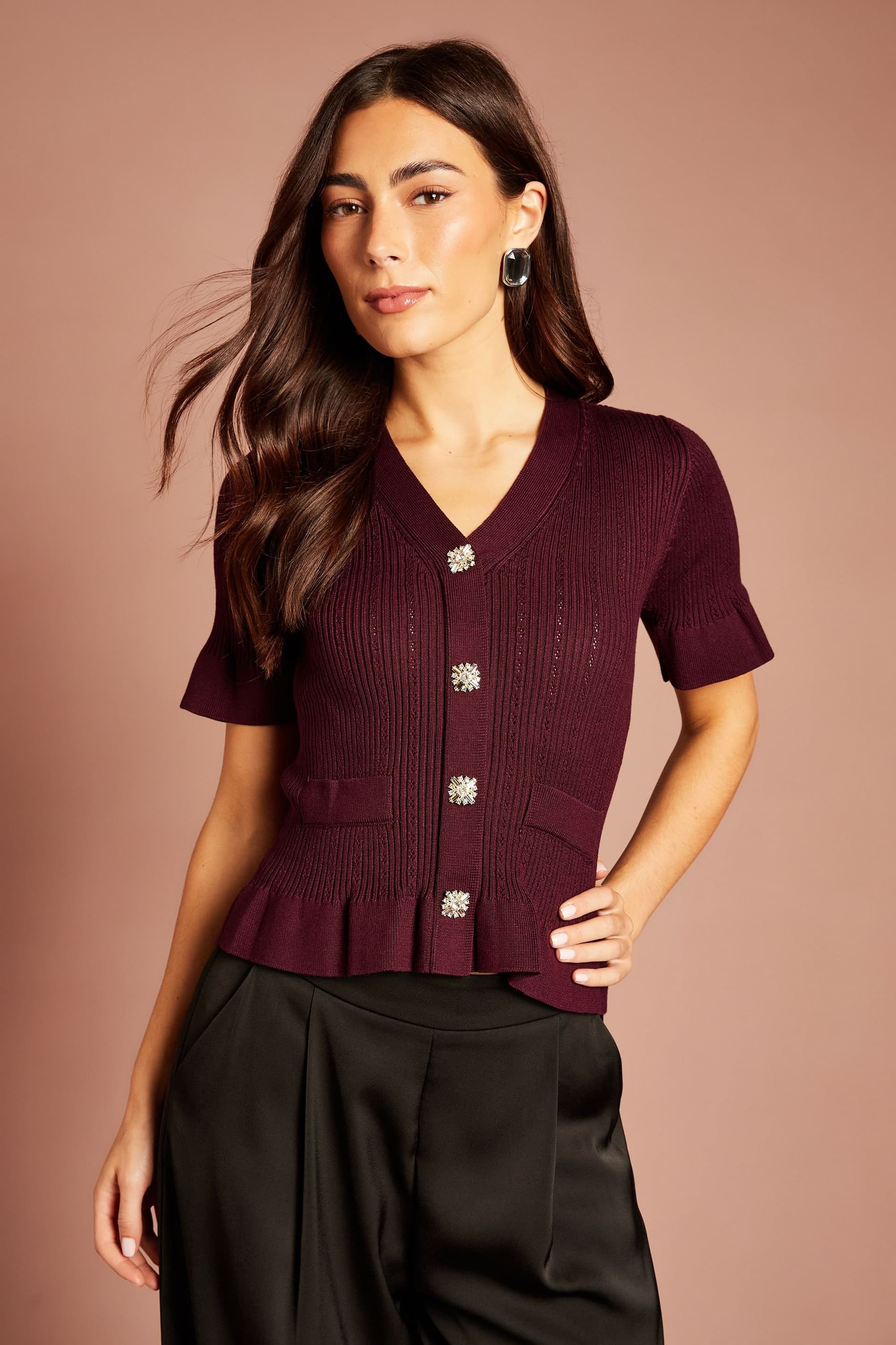 Coast Coast Women's Diamante Button Detail 3/4 Flare Sleeve Knitted Top in Fig