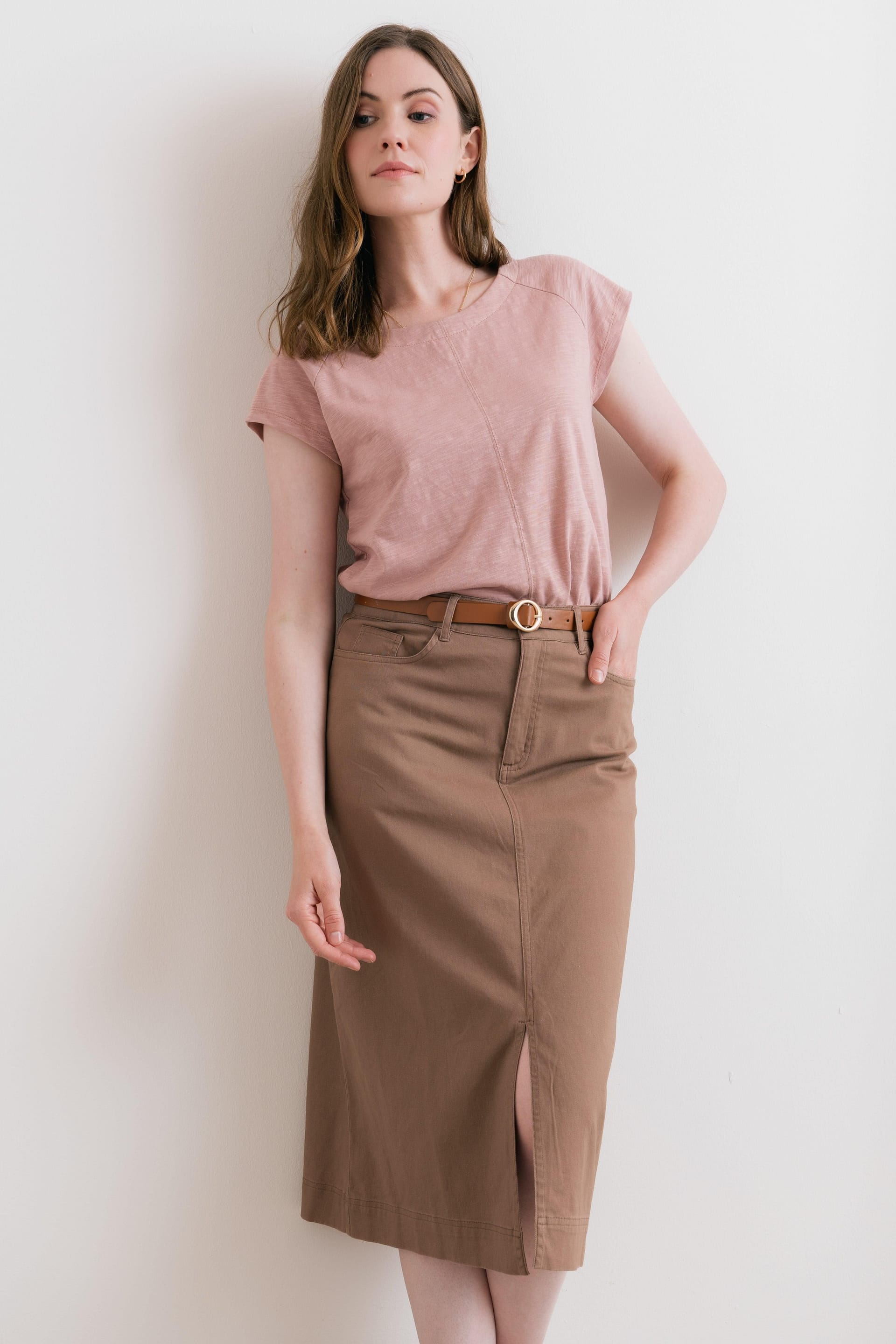 Lily & Me Lily & Me Women's Morwenna Stretch Twill Midi Skirt in Brown - 4