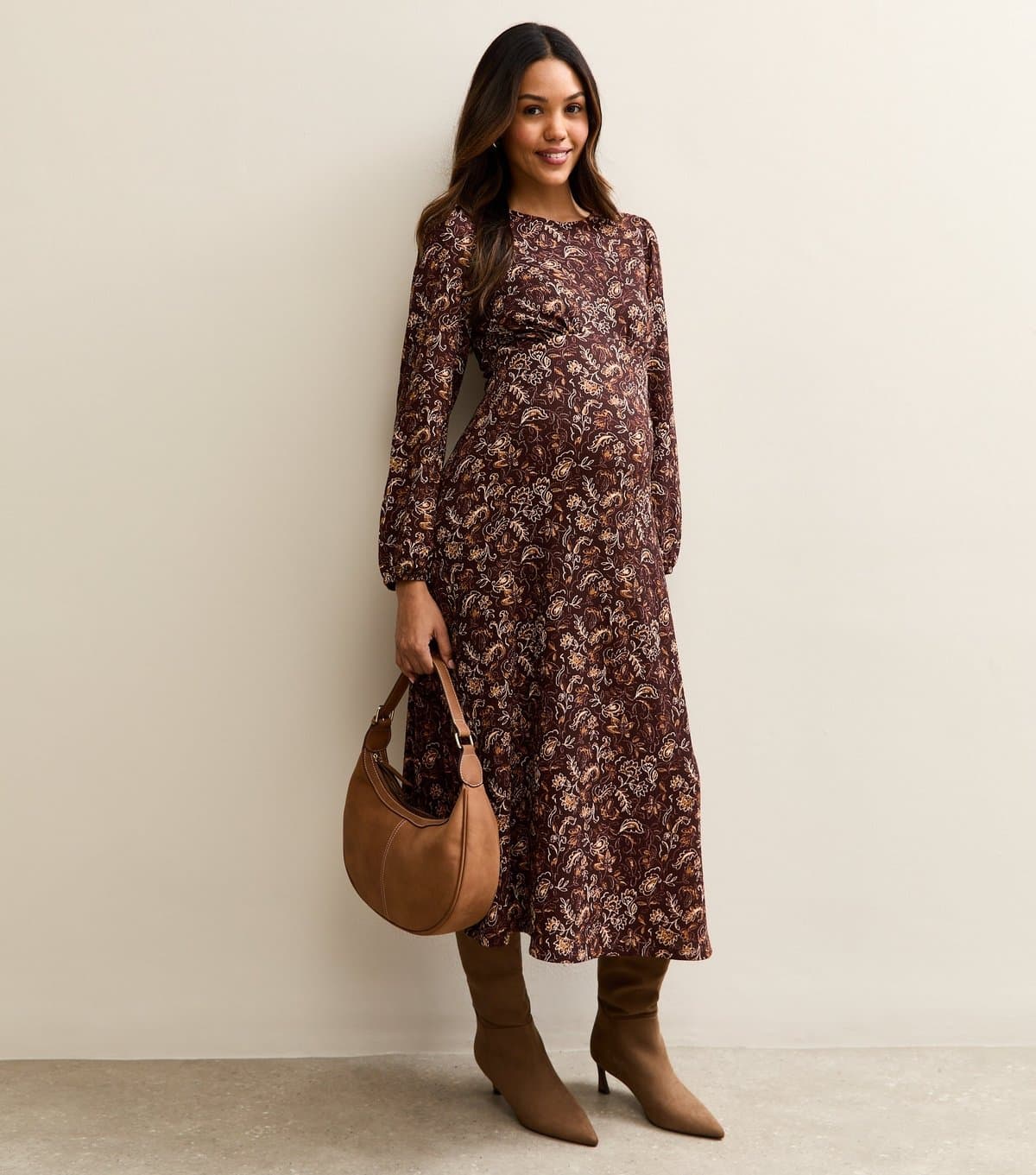 New Look Women's Maternity Brown Crinkle Long Sleeve Paisley Midi Dress New Look