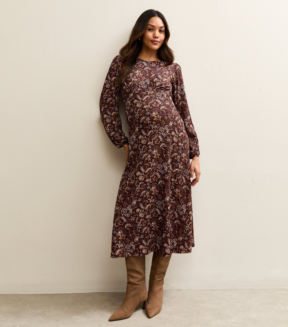 New Look Women's Maternity Brown Crinkle Long Sleeve Paisley Midi Dress New Look - 3
