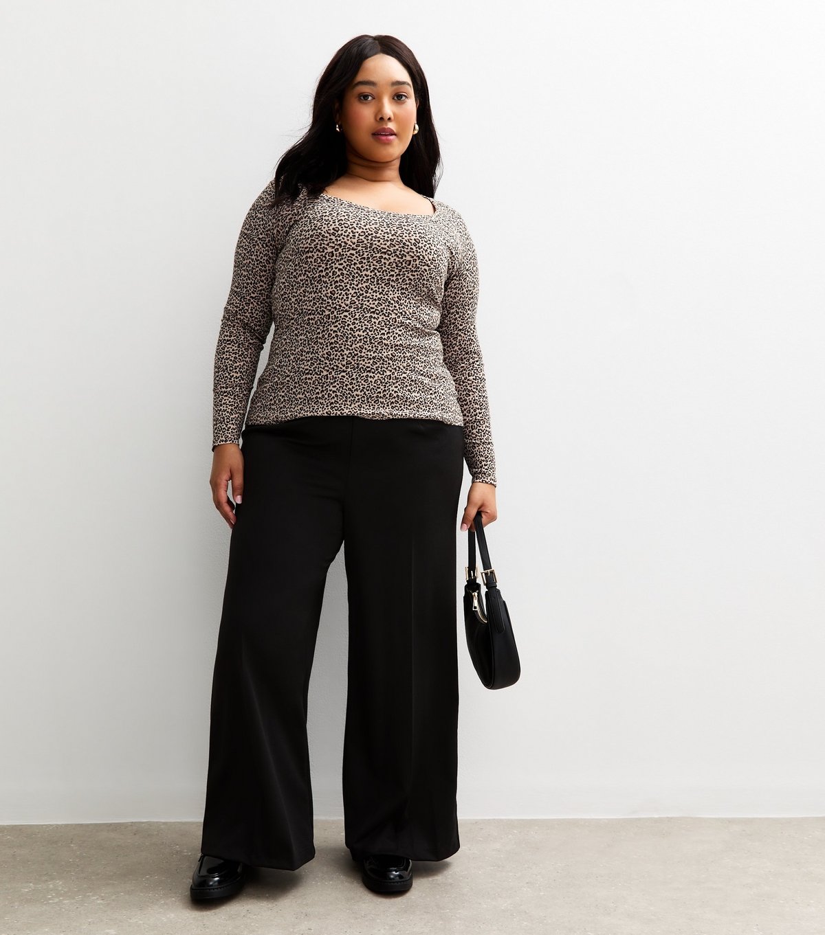 New Look Women's Plus Size Brown Ribbed Leopard Print Long Sleeve Top Curves New Look - 3