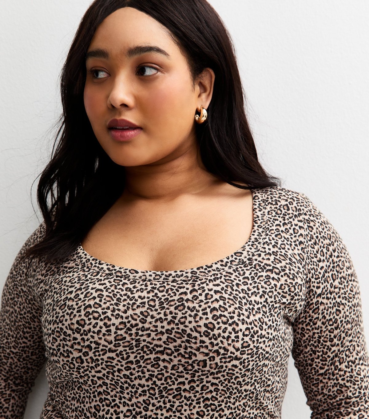 New Look Women's Plus Size Brown Ribbed Leopard Print Long Sleeve Top Curves New Look - 4