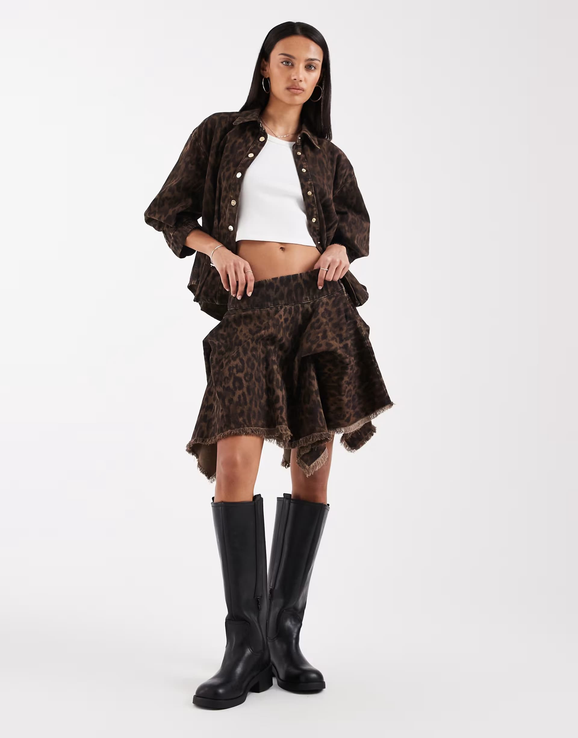 ASOS AllSaints crissy denim hanky hem mini skirt in brown leopard print