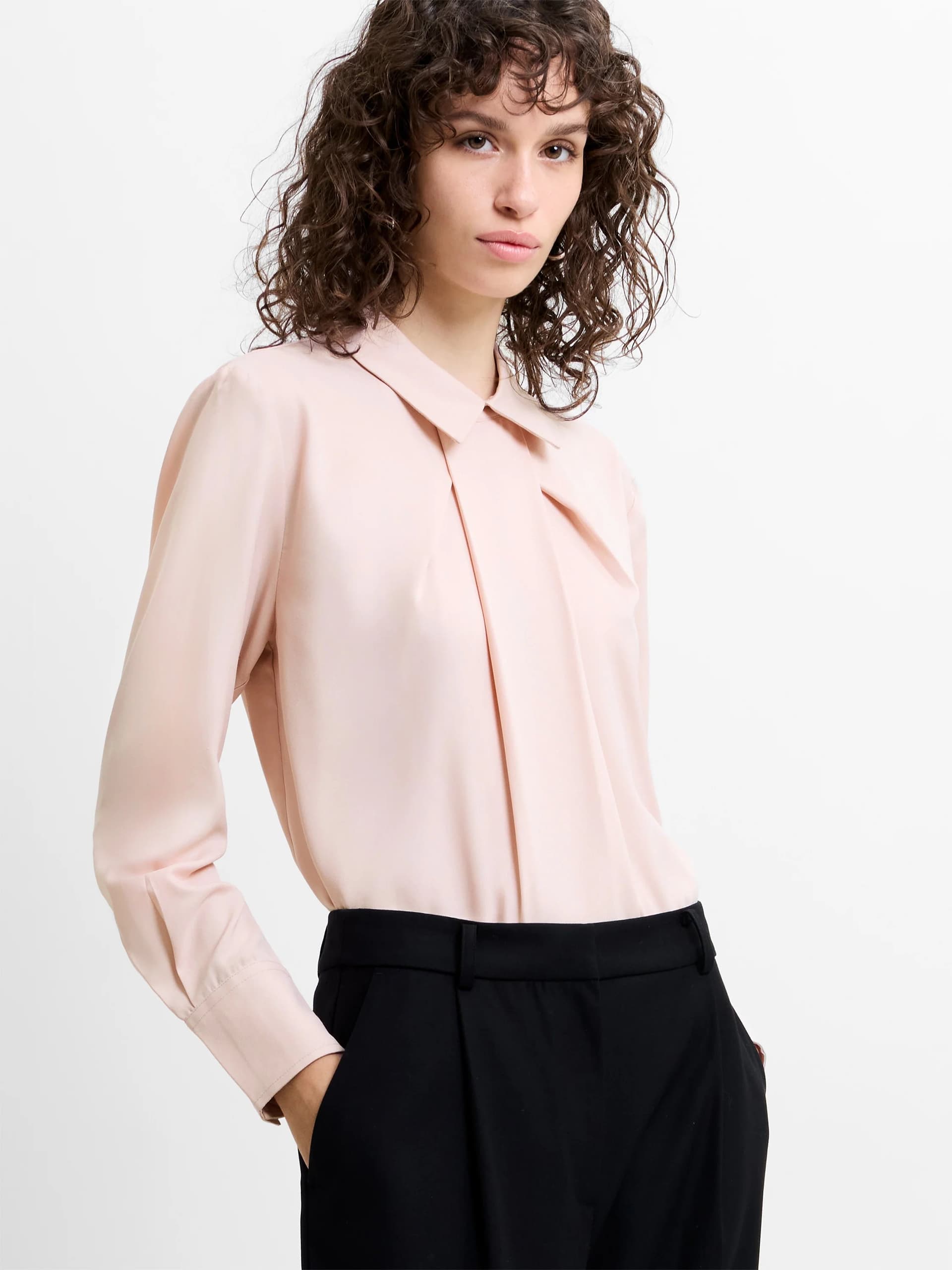 French Connection Mila Pleat Long Sleeve Light Pink Popover Shirt Powder Pink