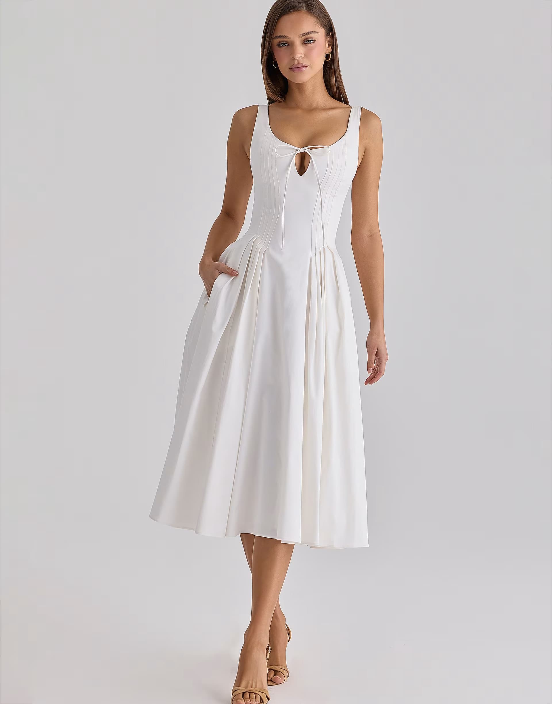 ASOS House of CB Alira white pleated cotton peekaboo midi dress in white
