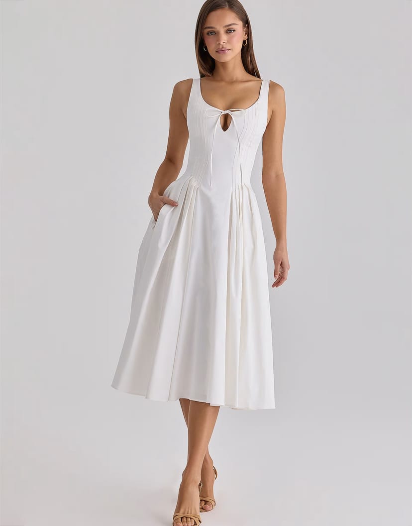 ASOS House of CB Alira white pleated cotton peekaboo midi dress in white - 1