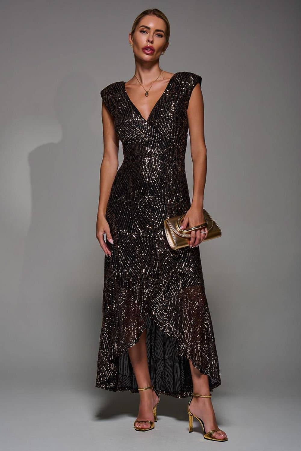 Jolie Moi Jolie Moi Women's Sequin Asymmetric Ruffle Hem Maxi Dress in Gold