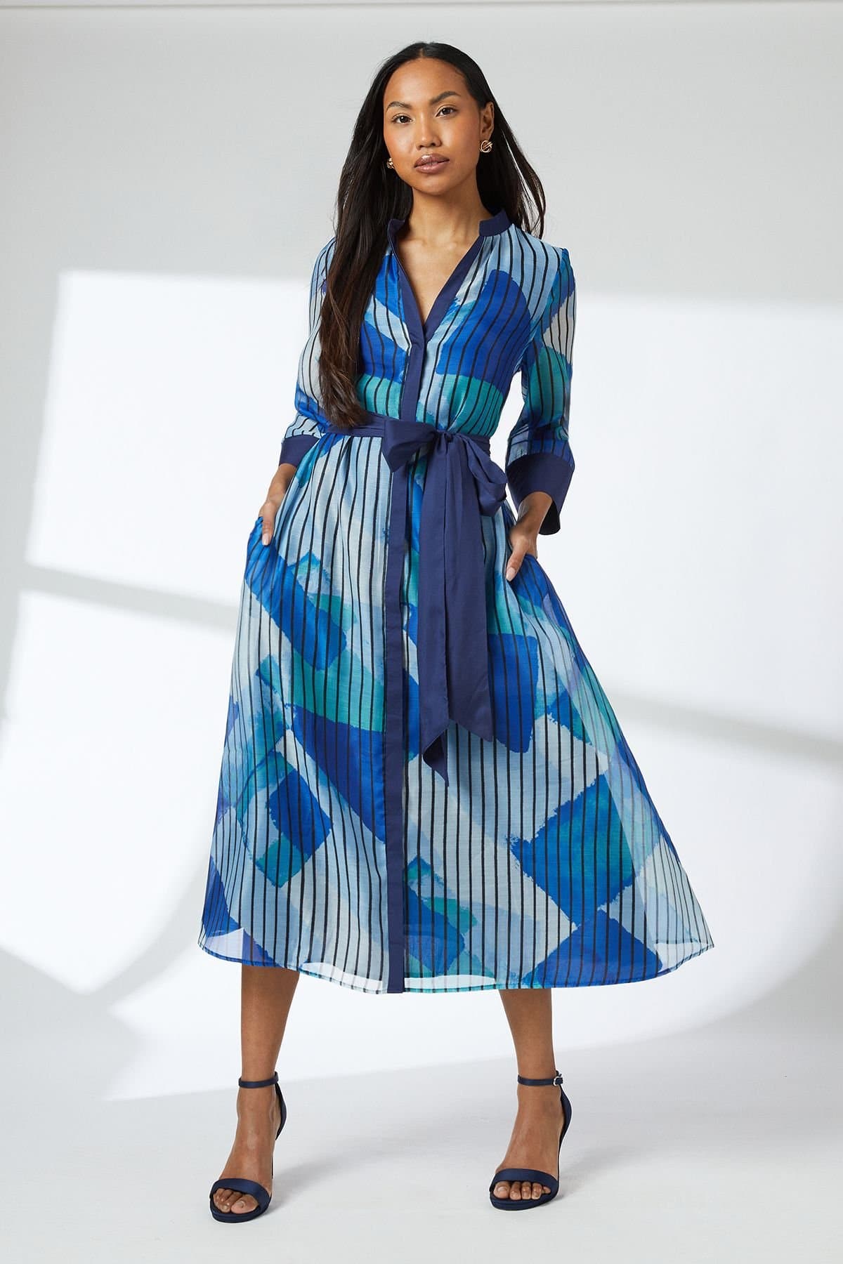 Wallis Wallis Women's Belted Contrast Detail Collarless Shirt Dress in Blue