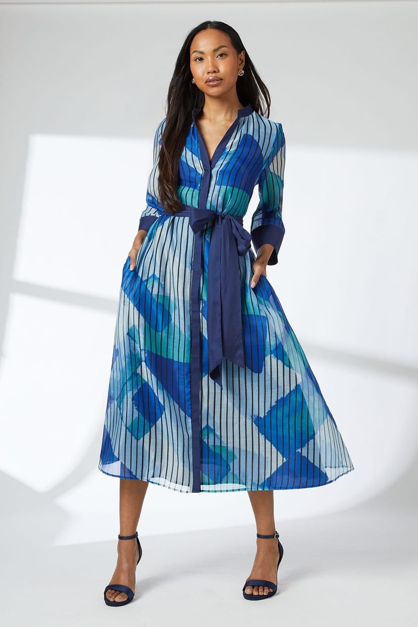 Wallis Wallis Women's Belted Contrast Detail Collarless Shirt Dress in Blue - 1