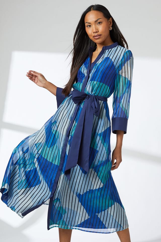 Wallis Wallis Women's Belted Contrast Detail Collarless Shirt Dress in Blue - 2