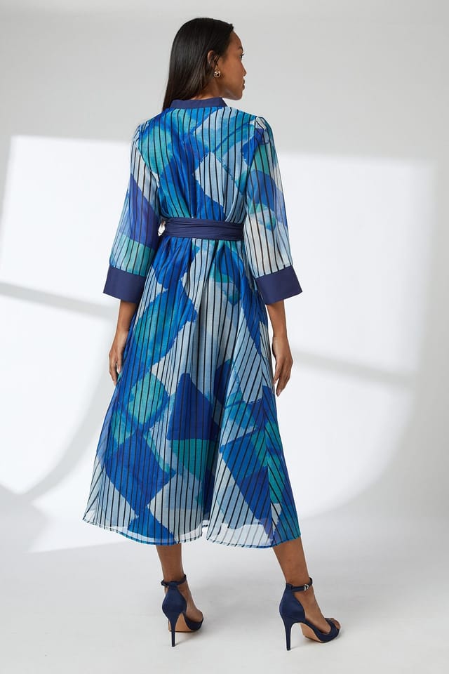 Wallis Wallis Women's Belted Contrast Detail Collarless Shirt Dress in Blue - 3