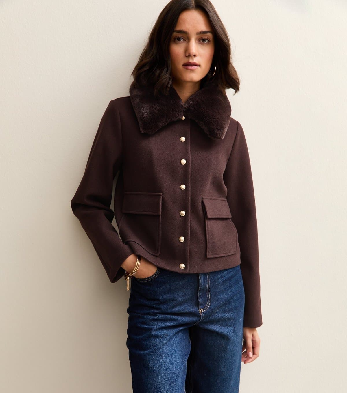 New Look Women's Dark Brown Faux Fur Collar Short Shacket New Look