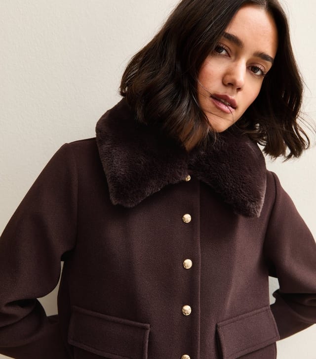 New Look Women's Dark Brown Faux Fur Collar Short Shacket New Look - 2