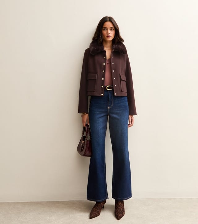 New Look Women's Dark Brown Faux Fur Collar Short Shacket New Look - 3