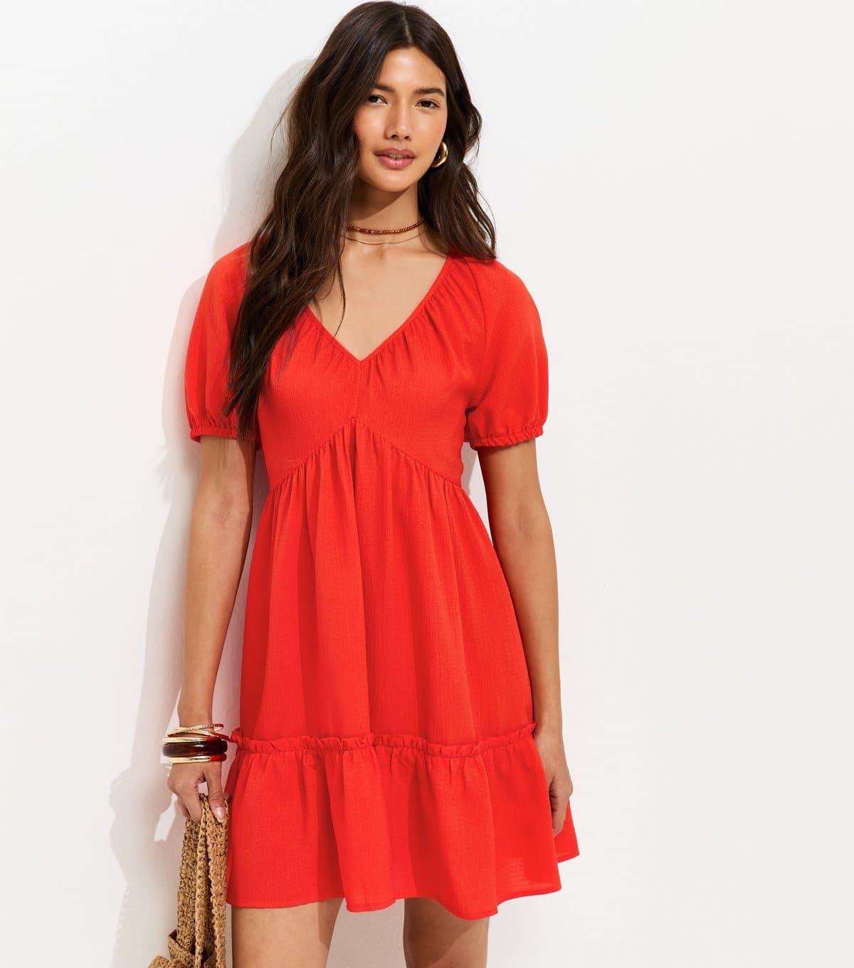 New Look Women's Bright Red Textured Tiered Mini Smock Dress New Look