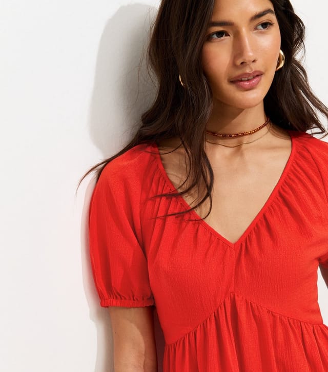 New Look Women's Bright Red Textured Tiered Mini Smock Dress New Look - 2