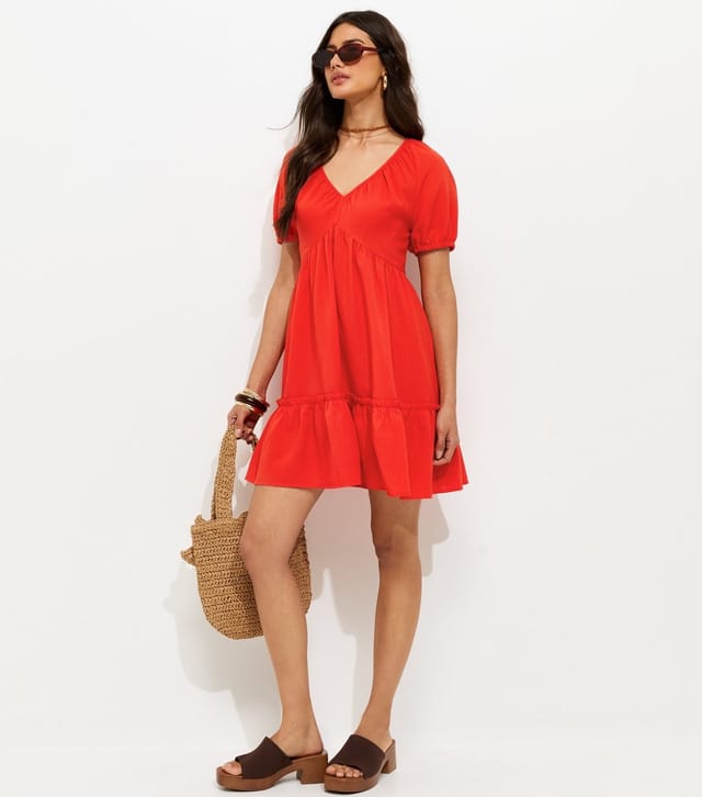 New Look Women's Bright Red Textured Tiered Mini Smock Dress New Look - 3