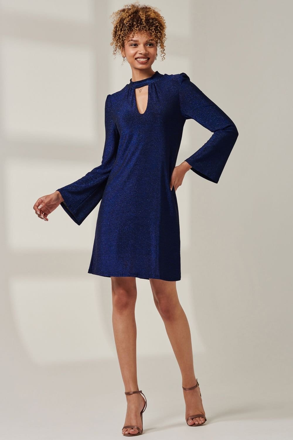 Jolie Moi Jolie Moi Women's Metallic Keyhole Detail Tunic Dress in Dark Blue - 4