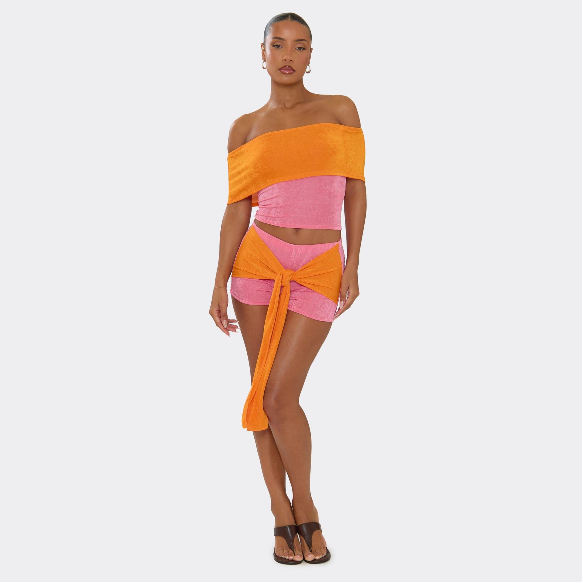 EGO Pink Contrast Mini Shorts with Tie Front Drape Detail