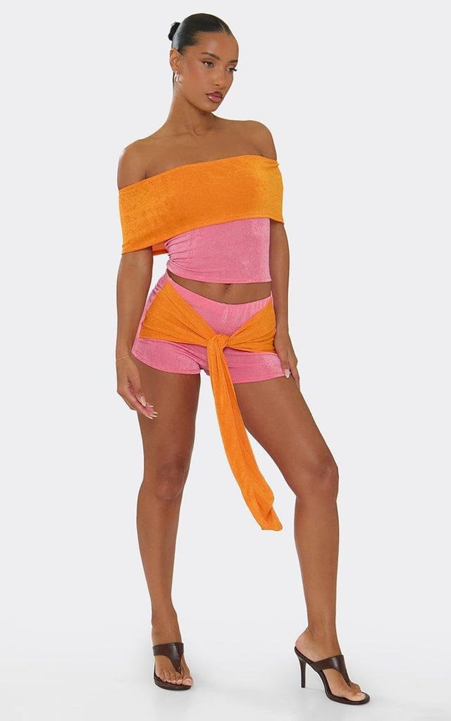 EGO Mid Rise Tie Front Drape Detail Contrast Mini Shorts In Pink, Women's Size UK 6 - 2