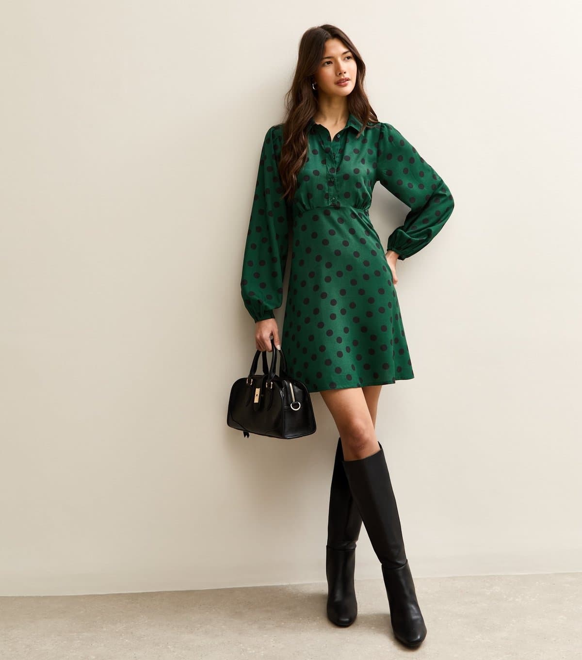 New Look Women's Bright Green Polka Dot Long Sleeve Mini Shirt Dress New Look