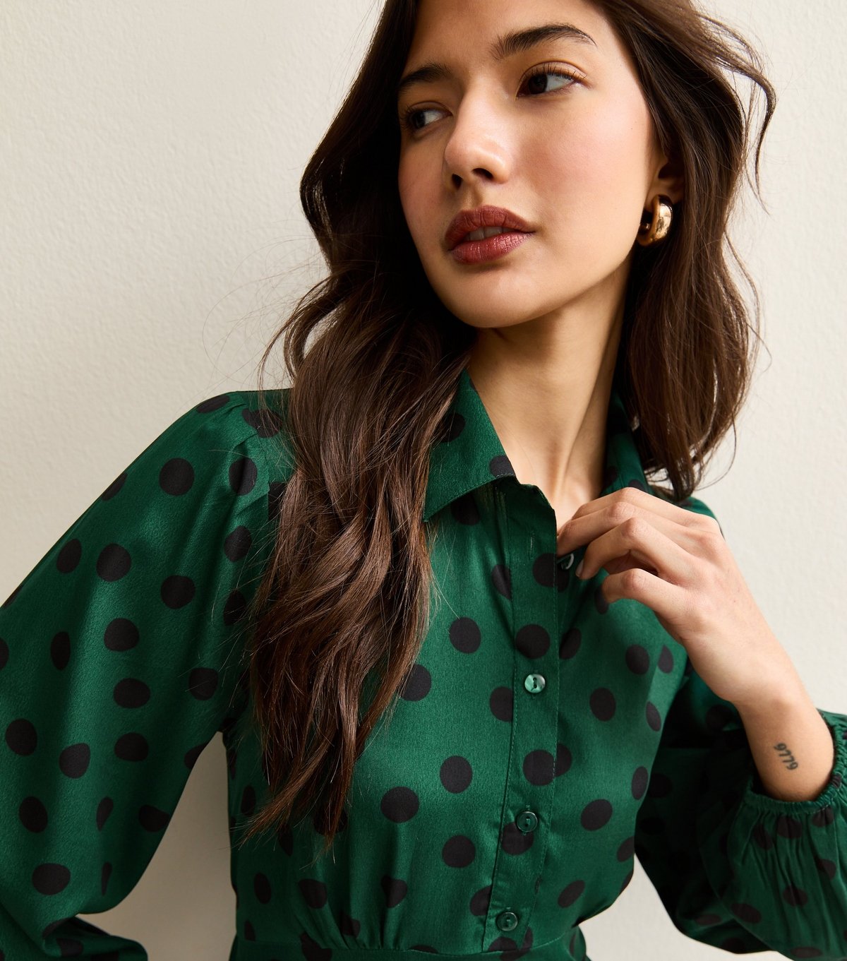 New Look Women's Bright Green Polka Dot Long Sleeve Mini Shirt Dress New Look - 2