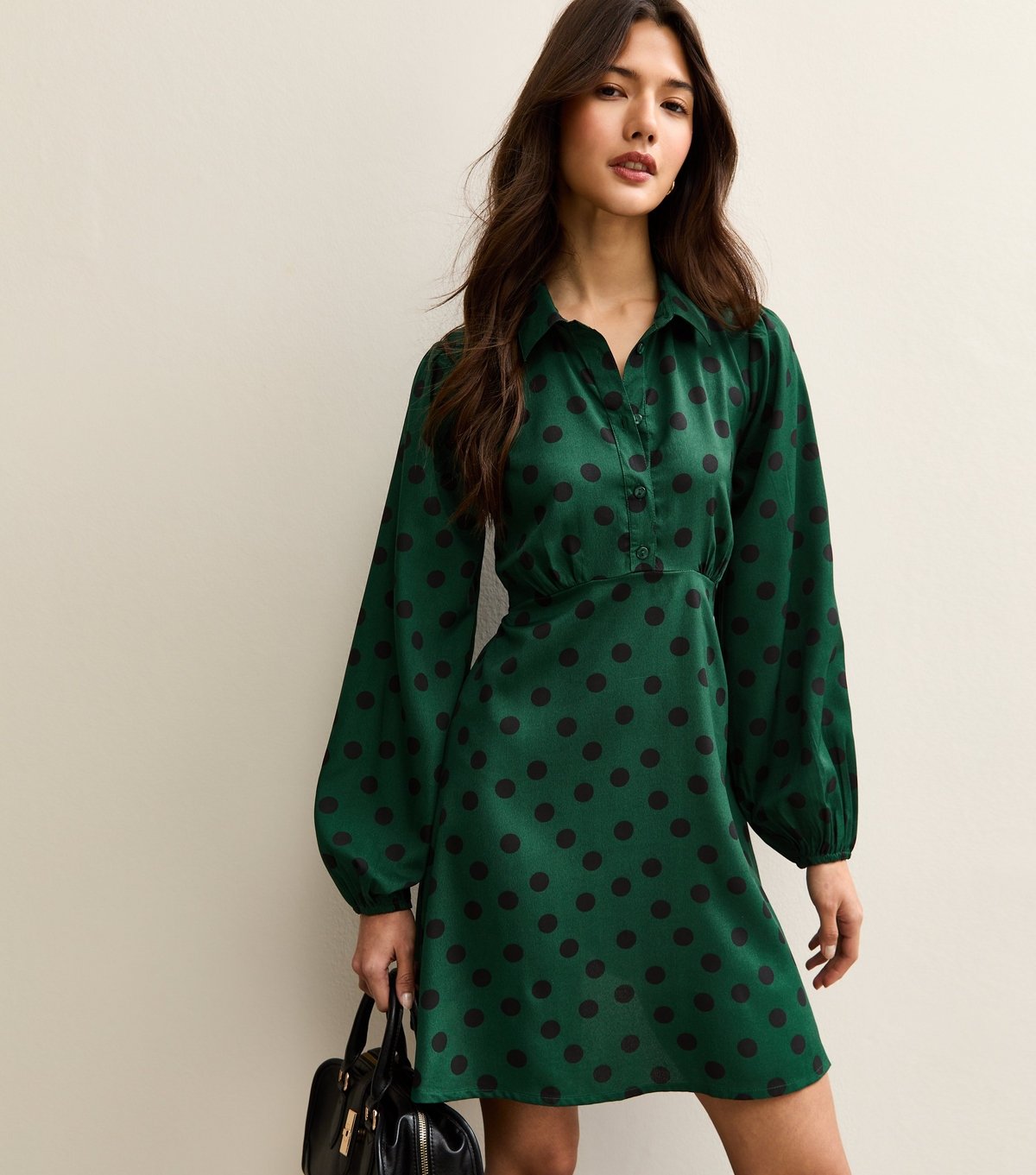 New Look Women's Bright Green Polka Dot Long Sleeve Mini Shirt Dress New Look - 3