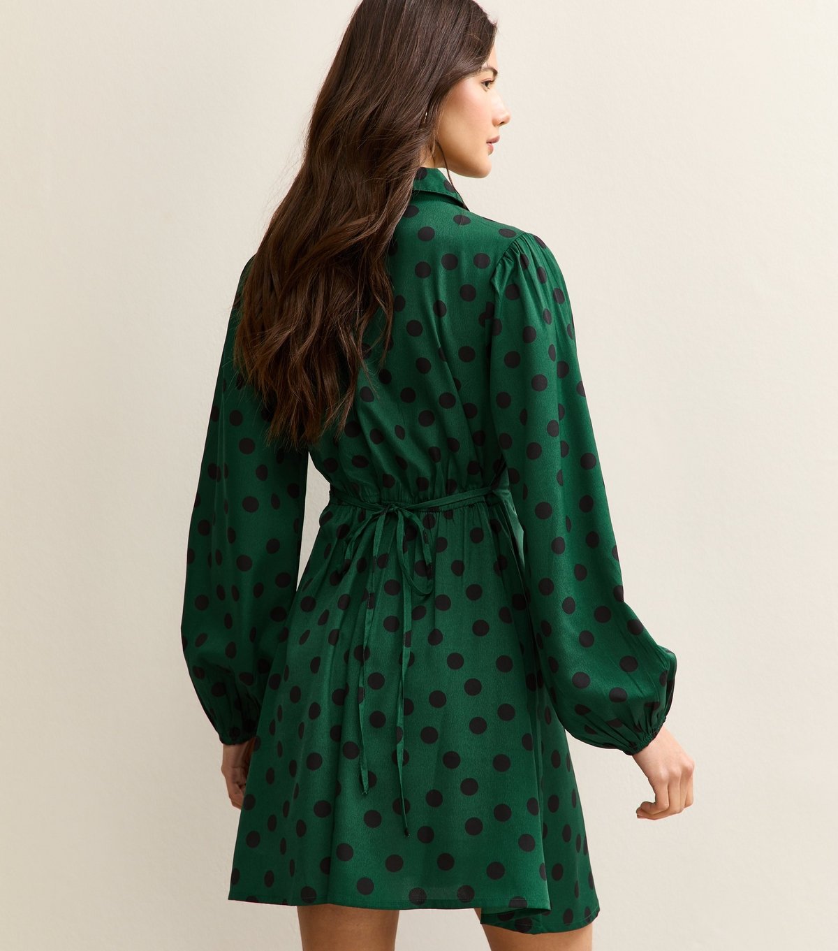 New Look Women's Bright Green Polka Dot Long Sleeve Mini Shirt Dress New Look - 4