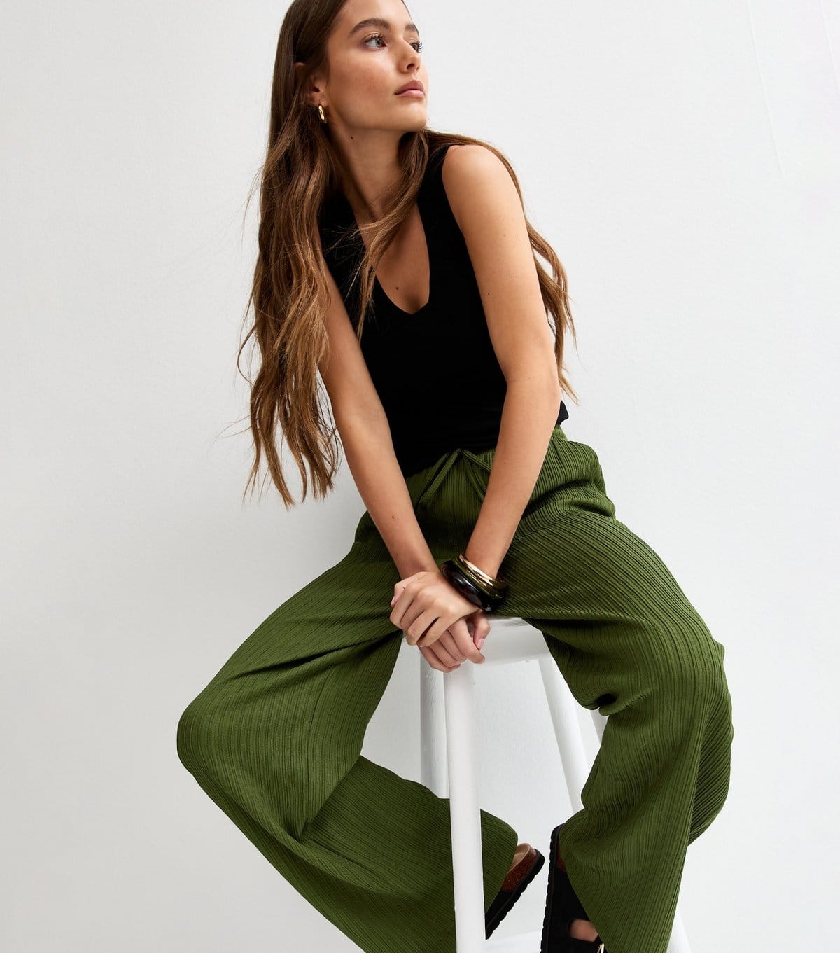 New Look Khaki Textured Jersey Wide Leg Trousers