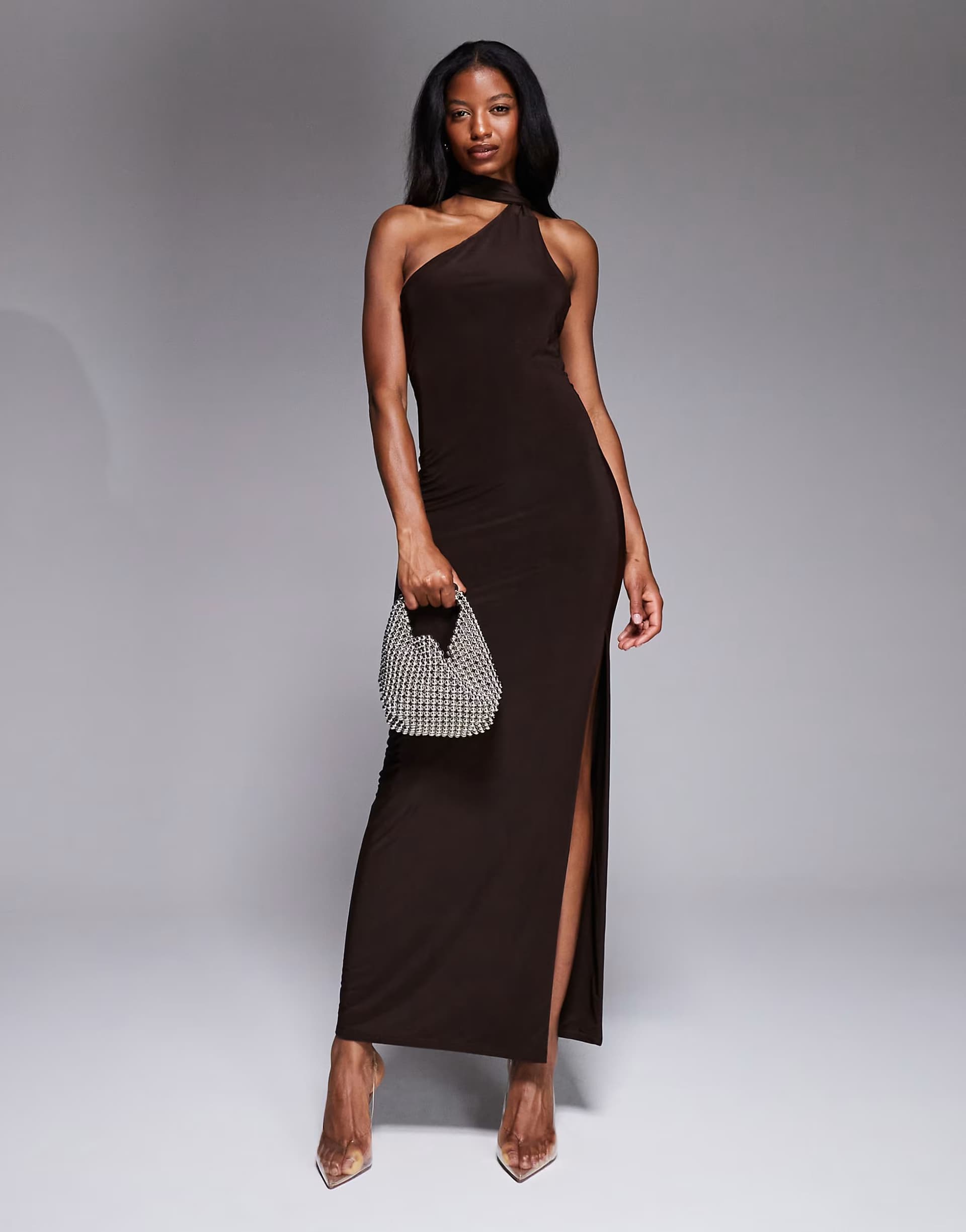 ASOS Kaiia exclusive double layered slinky scarf neck detail maxi dress in chocolate