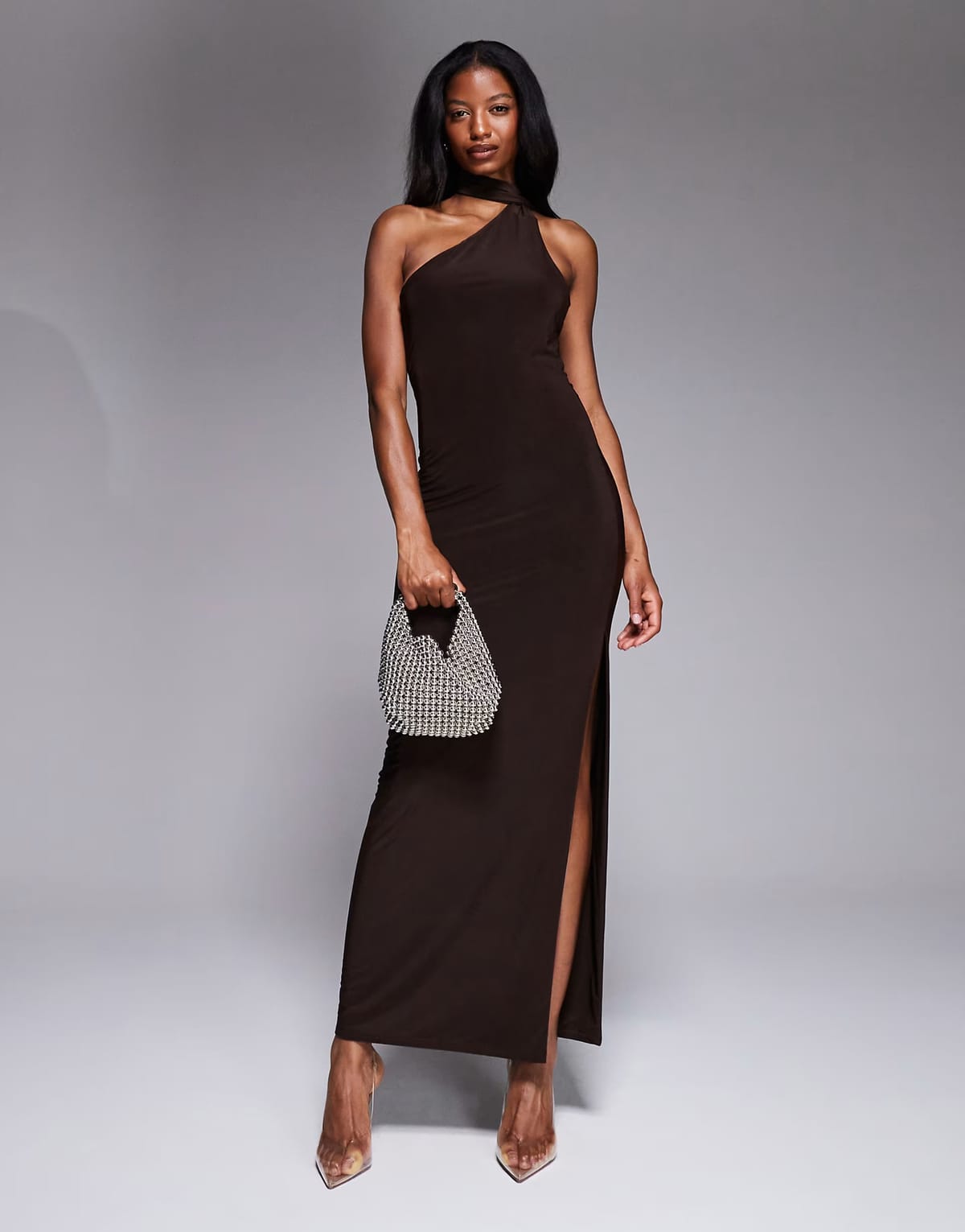 ASOS Kaiia exclusive double layered slinky scarf neck detail maxi dress in chocolate - 1