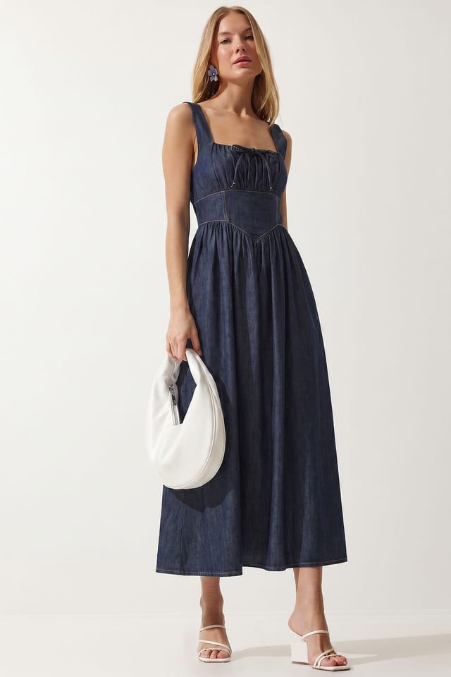Happiness Istanbul Happiness Istanbul Women's Sleeveless Cotton Denim Midi Dress in Dark Indigo - 2