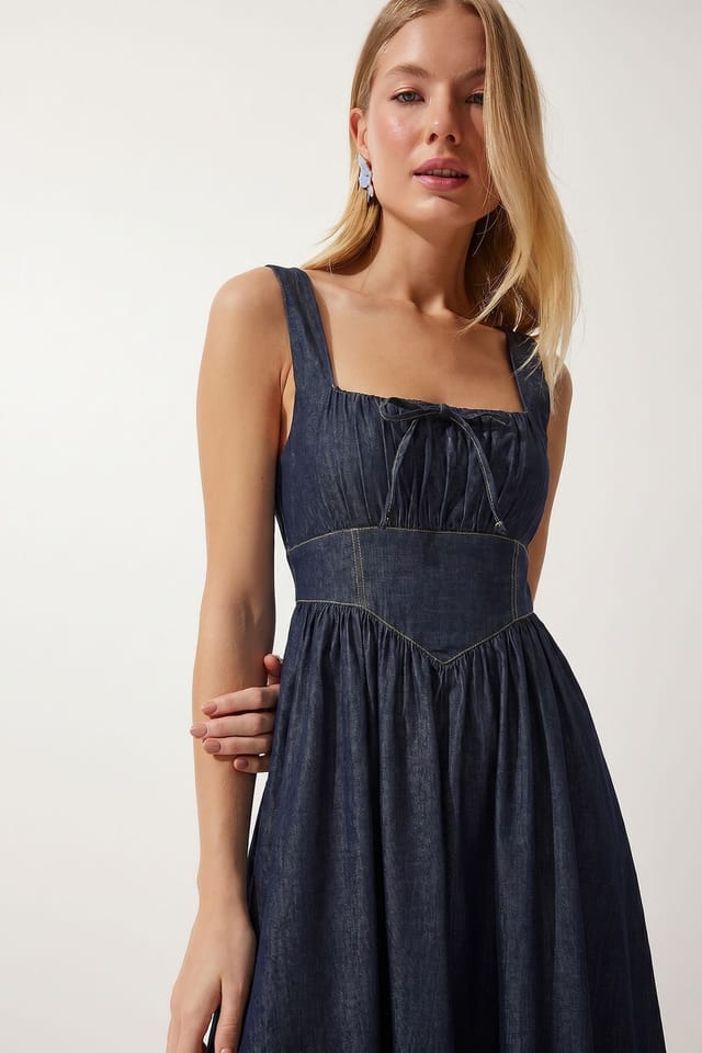 Happiness Istanbul Happiness Istanbul Women's Sleeveless Cotton Denim Midi Dress in Dark Indigo - 3