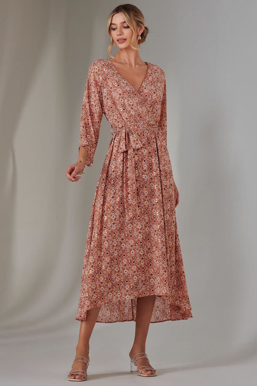 Jolie Moi Jolie Moi Women's Gold Spot Printed Chiffon Maxi Dress in Orange