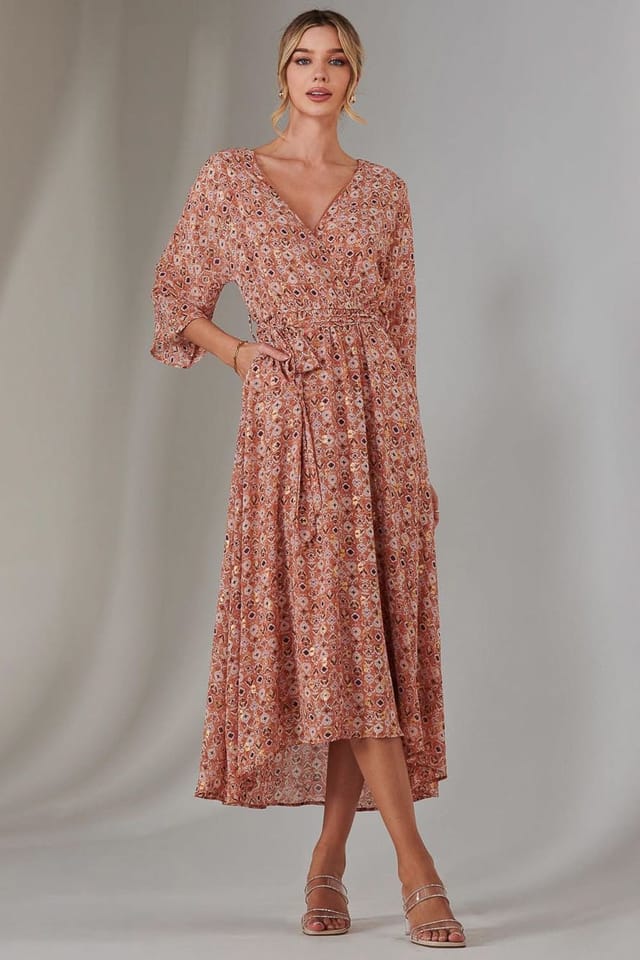 Jolie Moi Jolie Moi Women's Gold Spot Printed Chiffon Maxi Dress in Orange - 2