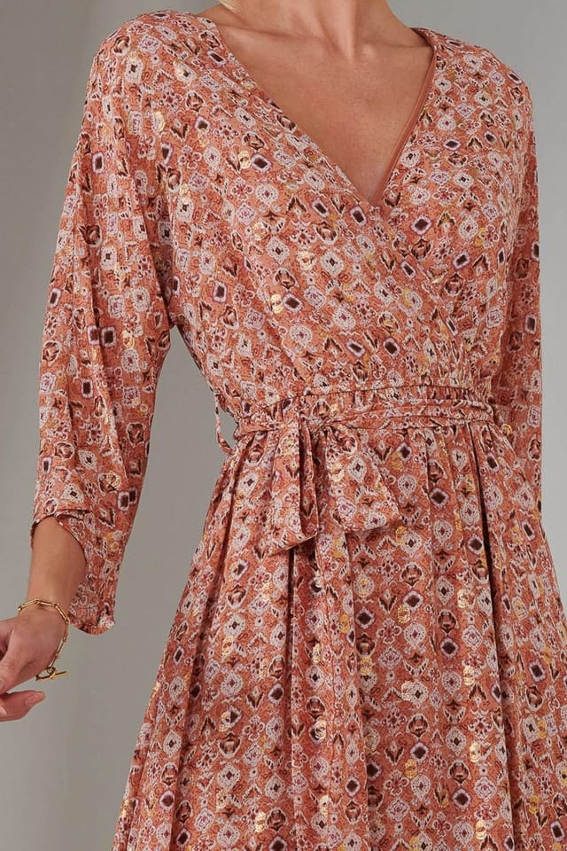 Jolie Moi Jolie Moi Women's Gold Spot Printed Chiffon Maxi Dress in Orange - 3
