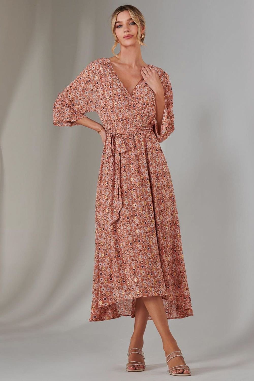 Jolie Moi Jolie Moi Women's Gold Spot Printed Chiffon Maxi Dress in Orange - 4