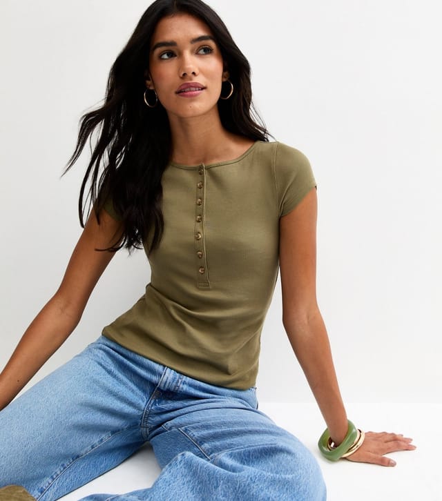 New Look Women's Khaki Ribbed Jersey Button Placket Top New Look - 2