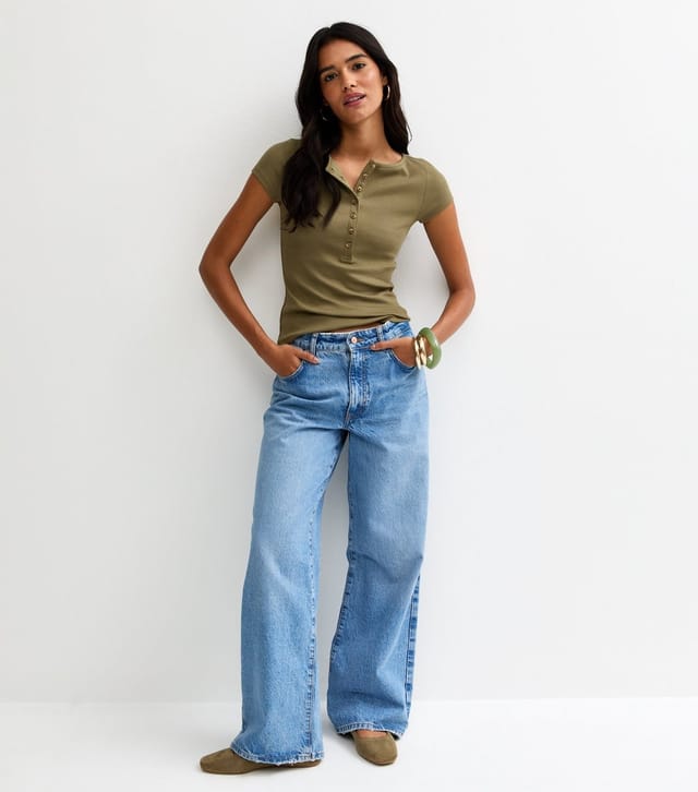 New Look Women's Khaki Ribbed Jersey Button Placket Top New Look - 3