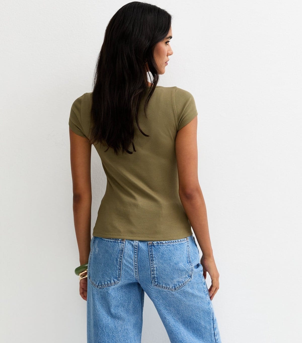 New Look Women's Khaki Ribbed Jersey Button Placket Top New Look - 4