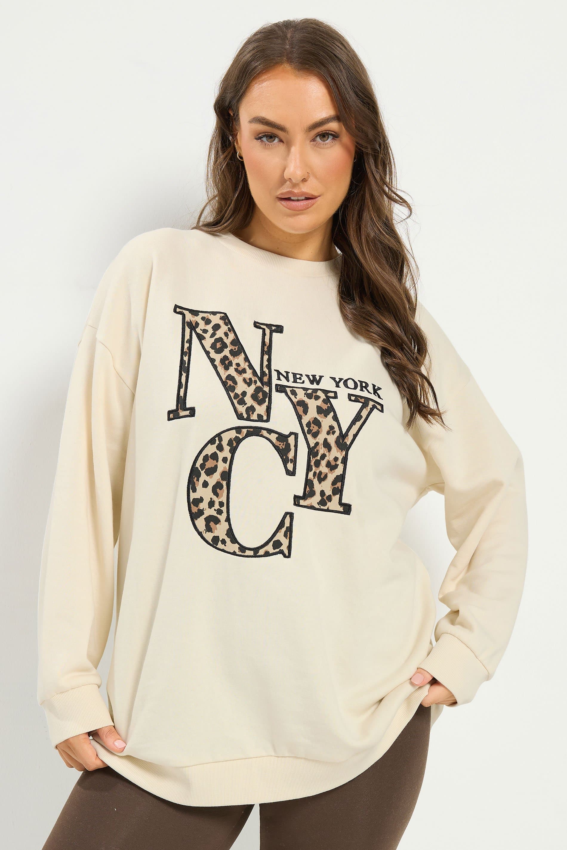Yours Plus Size Cream 'Nyc' Leopard Print Sweatshirt
