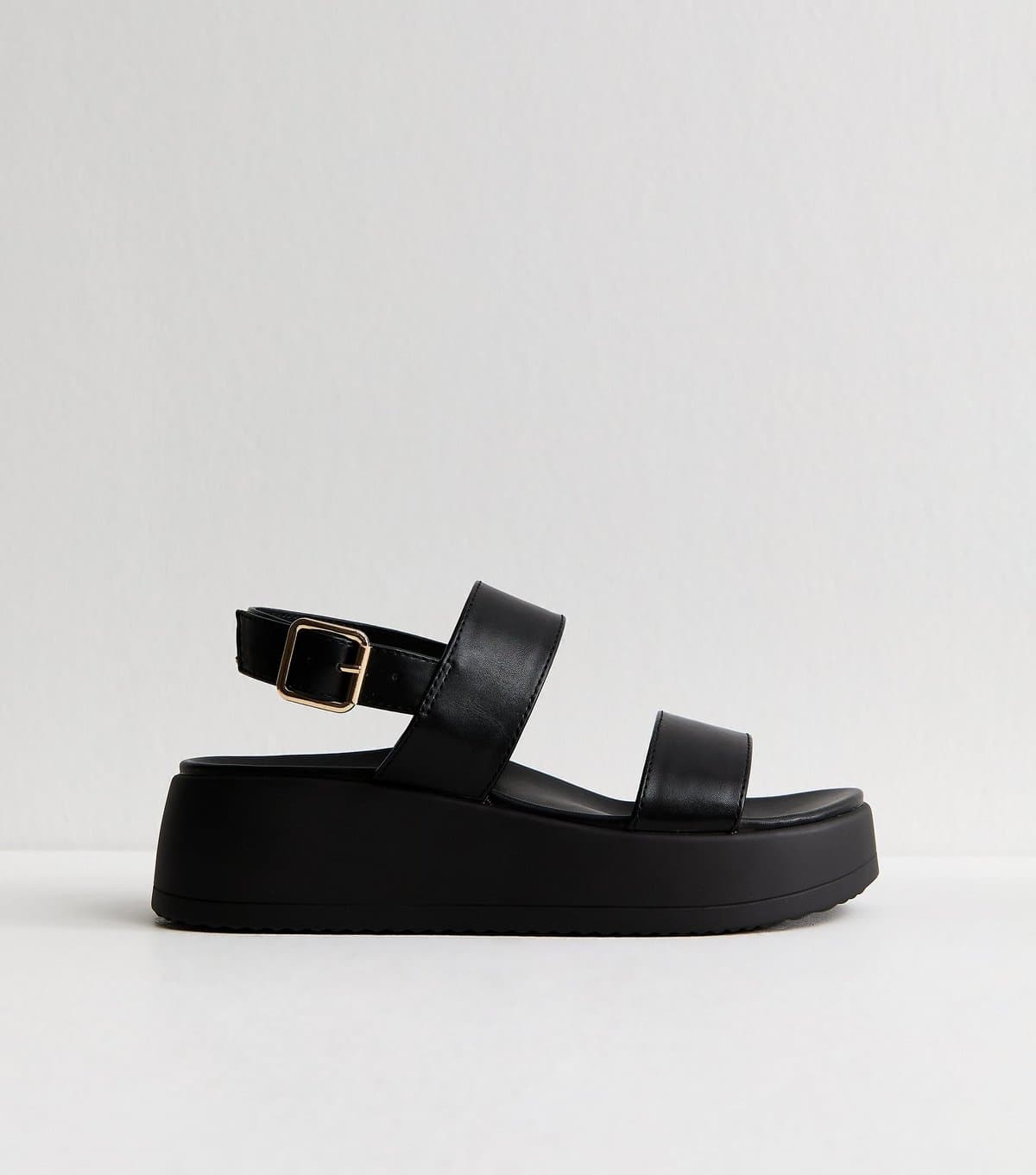 New Look Women's Wide Fit Black Faux Leather Flatform Sandals Vegan New Look